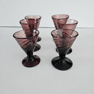 Vintage 6 amethyst cordial glasses, hand blown.